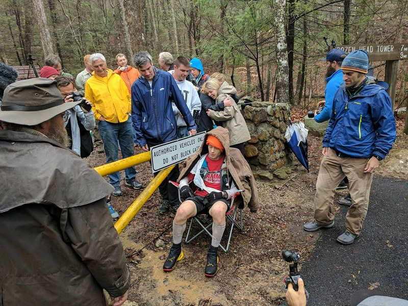 2017 Barkley finisher John Kelly, wearing a plastic bag and a hat he found in the woods. Photo credit: Seth Wolpin